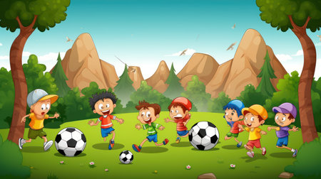 Children playing soccer in the park illustration. Cartoon vector background with happy boys and girlsの素材