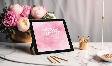 Tablet computer mockup on white marble table with pink peonies bouquetの素材