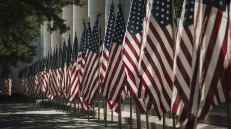 Row of American Flags in a row in a row in a rowの素材