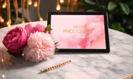 Tablet computer with pink peony flower on white marble table, closeupの素材