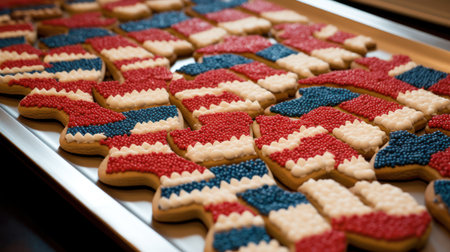 Close-up of a display of cookies in the shape of the flag of United States of Americaの素材
