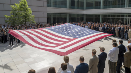 United States of America flag waving in front of the New York Stock Exchangeの素材