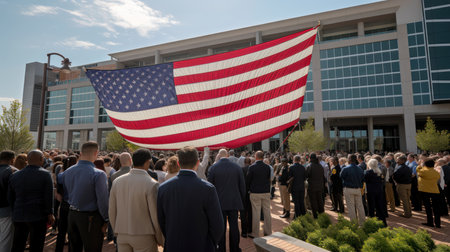 Unidentified people with American flag at the celebration of 70th anniversary of Victory Day.の素材