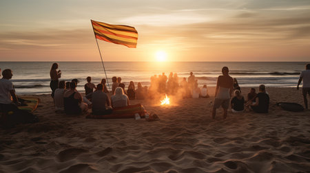 Group of people sitting at the beach and watching the sunset over the seaの素材