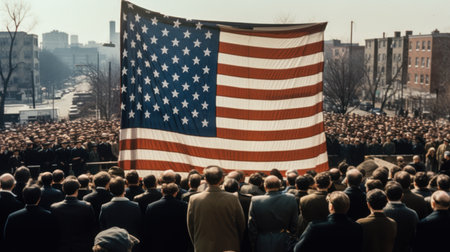 A crowd of people with an american flag in the city.の素材