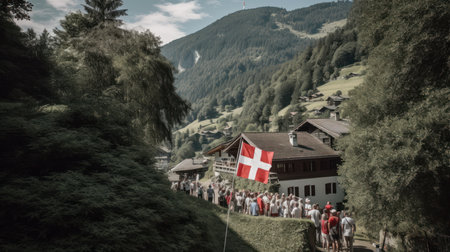 Swiss people in traditional clothes during a religious procession in the Swiss Alpsの素材