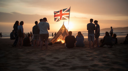 Group of friends having fun on the beach at sunset with their tentの素材
