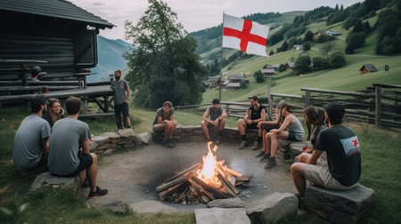 Group of friends sitting around a campfire in the mountains. They are talking and drinking beer.の素材