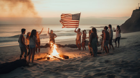 Group of friends having fun on the beach at sunset. They are holding an American flag and roasting marshmallows.の素材