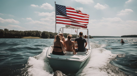 Group of friends having fun on the boat and waving the American flagの素材