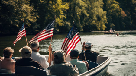 Rear view of a group of people sitting in a rowboat and waving the american flags.の素材