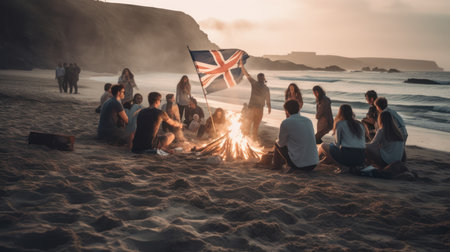 Group of friends having fun at the beach while roasting marshmallowsの素材