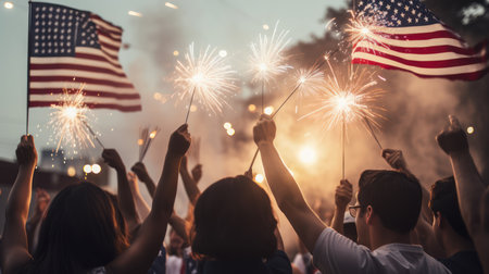 Group of people holding sparklers on the background of the american flagの素材