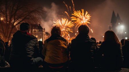 Unidentified people watching fireworks at Wroclaw Old Town squareの素材