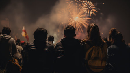 Unidentified people watching the fireworks in Barcelonaの素材