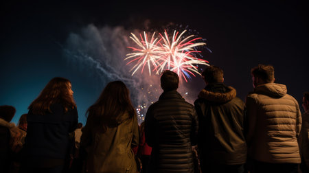 Group of people watching fireworks in the night sky. Selective focusの素材