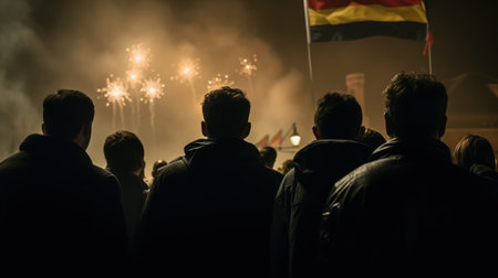 Demonstrators with flags and fireworks at the Romanian National Day celebration.の素材