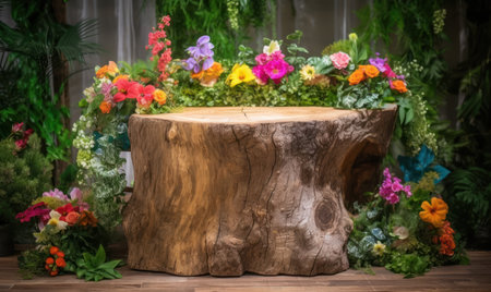 Wooden stump with colorful flowers and plants in the garden shop.の素材
