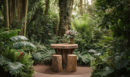 Wooden table and chair in the tropical garden with nature background.の素材