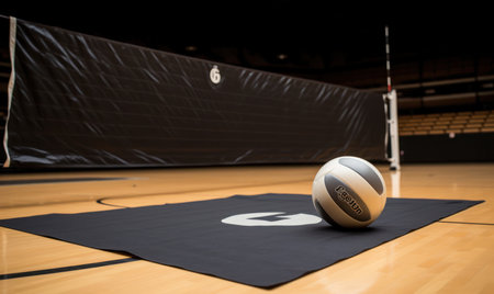 Basketball ball on a black sports mat in a gym. 3d renderingの素材