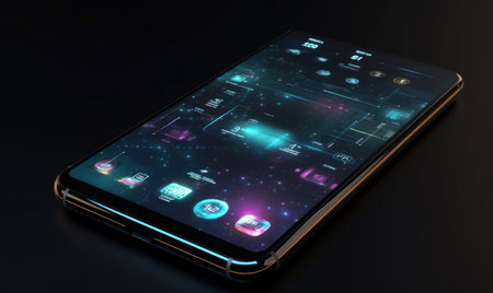 Smartphone with blue hologram on black background. 3D renderingの素材