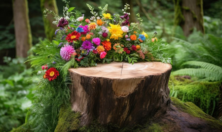 wedding bouquet of flowers on a stump in the forestの素材