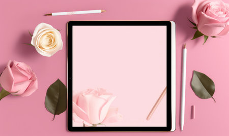 Flat lay of tablet computer with blank screen, pencils and pink roses on pink backgroundの素材