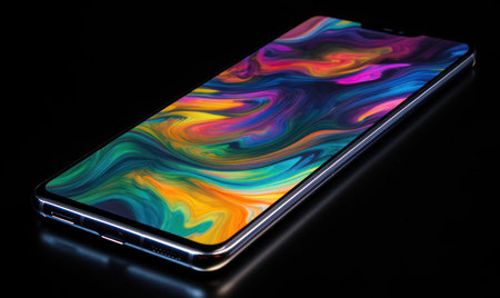 Smartphone with multicolored screen on a black background close upの素材