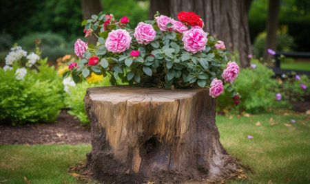 Pink and red roses on a stump in a beautiful garden setting.の素材