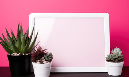 White screen tablet computer with succulents on a pink background.の素材