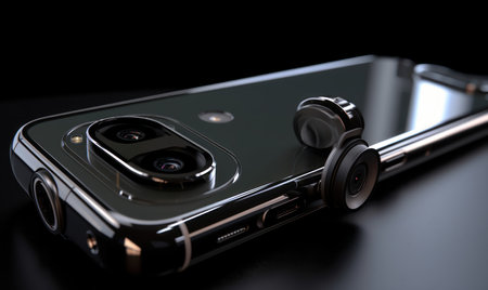 Smartphone with earphones on a black background. 3d renderの素材