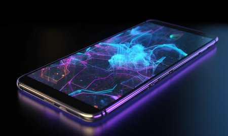 Smartphone with abstract circuit on the screen. 3D illustration.の素材