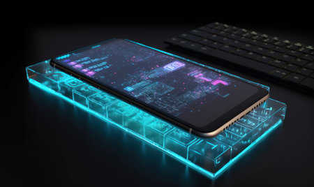 Smartphone with hologram and keyboard on black background. 3d renderingの素材