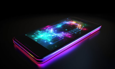 Smartphone with neon lights on black background. 3D rendering.の素材