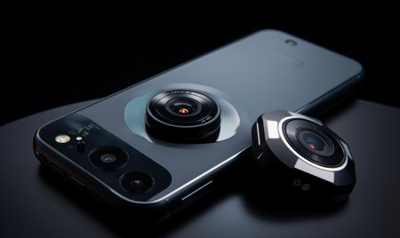 Smartphone and camera on a black background. Close-up.の素材