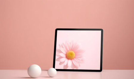 Tablet computer with pink flower and white balls on pastel backgroundの素材