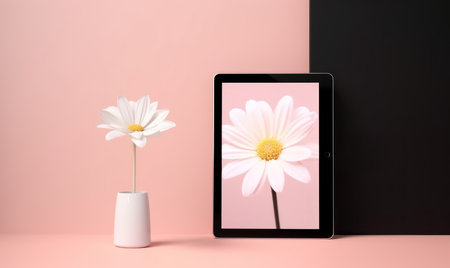 Digital tablet with white daisy flower in vase on black and white backgroundの素材