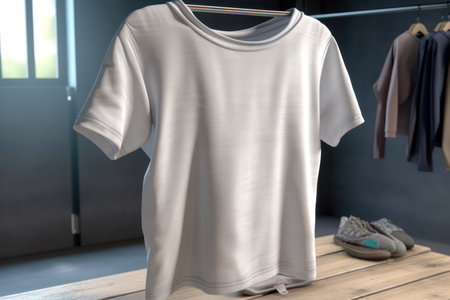 Blank white t-shirt mockup on wooden shelf in the roomの素材