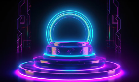 Neon round podium with glowing neon lines. 3D Renderingの素材