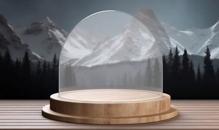 Empty round podium for product presentation with mountains in background. 3D renderingの素材