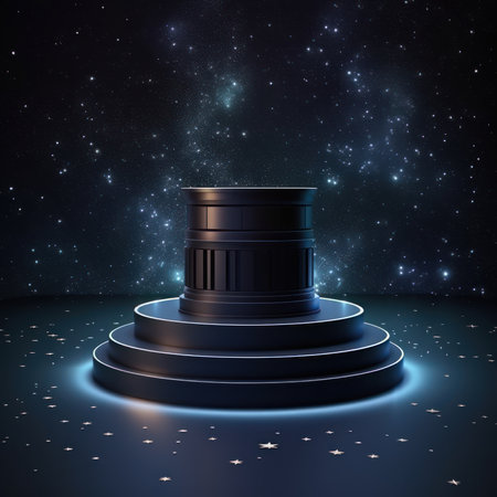 3D illustration of a round pedestal with a black oil barrel on a dark backgroundの素材