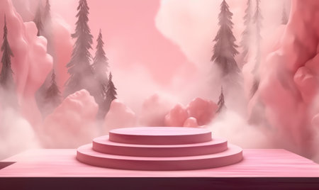 pink podium with forest and fog, 3d rendering background.の素材