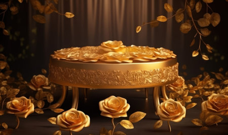 golden rose on stage with curtain background 3d-illustrationの素材