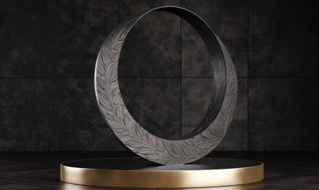 3d rendering of a black round podium on a brown background.の素材