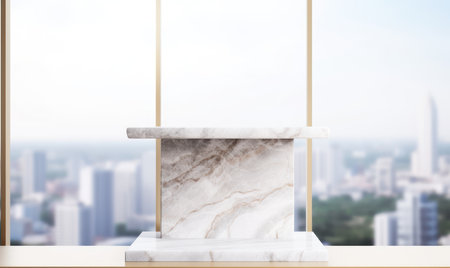 White marble pedestal on blurred city background. Mock up, 3D Renderingの素材