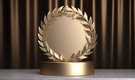3d render of golden award podium with golden laurel wreathの素材