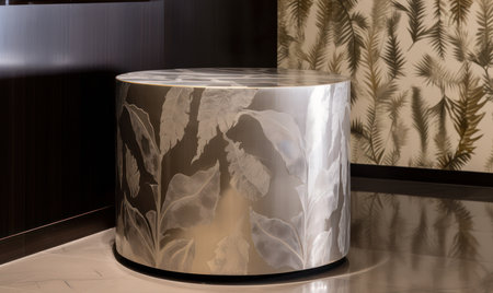 White marble stand in a room with brown wall and palm leaves.の素材