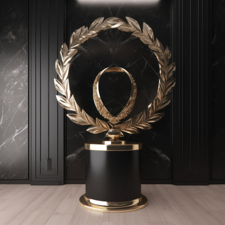 3d render of golden trophy on black marble wall in luxury roomの素材