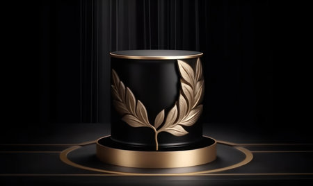 Luxury black podium with gold laurel wreath on black background. 3D renderingの素材