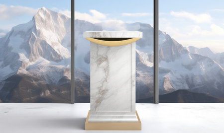 3d rendering of a marble pedestal in a room with mountainsの素材